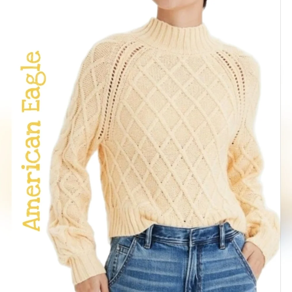American Eagle Womens Yellow Knit Cropped Sweater Sz M Turtleneck Pullover*